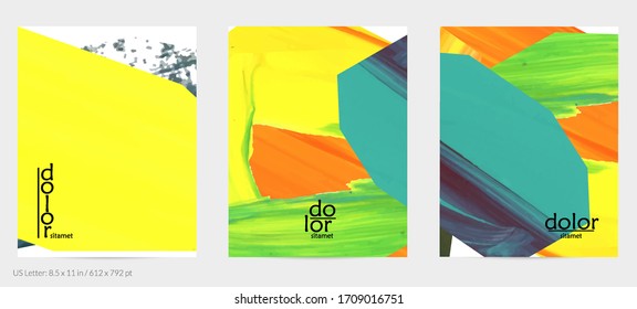 Abstract vector background with colorful bright acrylic textured shapes. Artistic flyer design template. Hand drawn collage art digital paint. Universal layout with brush stroke splashes.