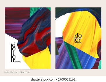 Abstract vector background with colorful bright acrylic textured shapes. Artistic poster design template. Hand drawn collage art digital paint banner. Universal layout with brush stroke splash.