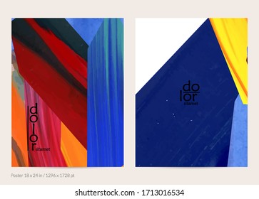 Abstract vector background with colorful bright acrylic textured shapes. Artistic poster design template. Hand drawn collage art digital paint banner. Universal layout with brush stroke splash.