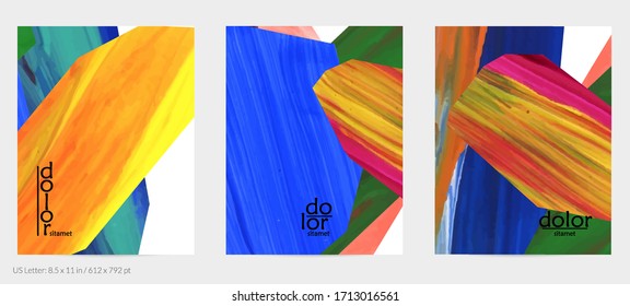 Abstract vector background with colorful bright acrylic textured shapes. Artistic flyer design template. Hand drawn collage art digital paint. Universal layout with brush stroke splashes.