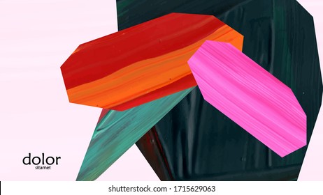 Abstract vector background with colorful bright acrylic textured shapes. Artistic cover design template. Hand drawn collage art digital paint wallpaper. Universal layout with brush stroke elements.