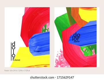 Abstract vector background with colorful bright acrylic textured shapes. Artistic poster design template. Hand drawn collage art digital paint banner. Universal layout with brush stroke splash.