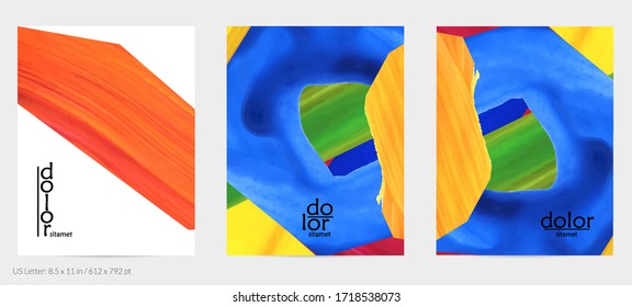 Abstract vector background with colorful bright acrylic textured shapes. Artistic flyer design template. Hand drawn collage art digital paint. Universal layout with brush stroke splashes.