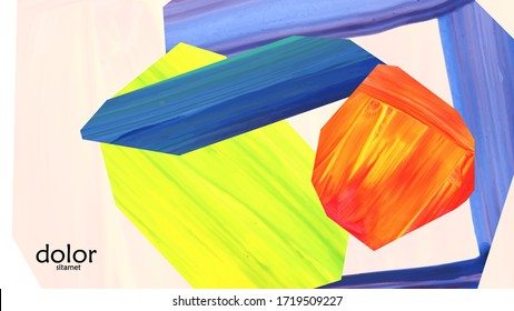 Abstract vector background with colorful bright acrylic textured shapes. Artistic cover design template. Hand drawn collage art digital paint wallpaper. Universal layout with brush stroke elements.