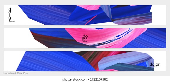 Abstract vector background with colorful bright acrylic textured shapes. Artistic leaderboard design template. Hand drawn collage art digital paint banner. Universal layout with brush stroke splash.