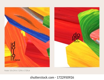 Abstract vector background with colorful bright acrylic textured shapes. Artistic poster design template. Hand drawn collage art digital paint banner. Universal layout with brush stroke splash.