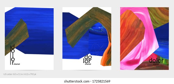 Abstract vector background with colorful bright acrylic textured shapes. Artistic flyer design template. Hand drawn collage art digital paint. Universal layout with brush stroke splashes.