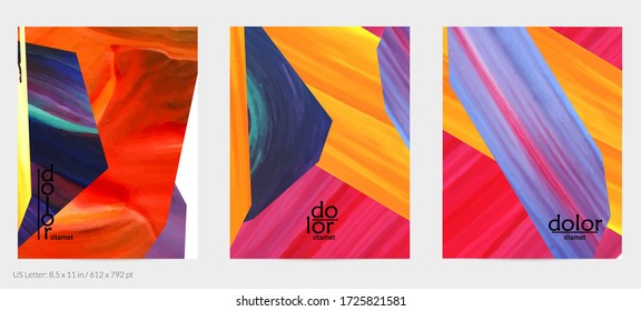 Abstract vector background with colorful bright acrylic textured shapes. Artistic flyer design template. Hand drawn collage art digital paint. Universal layout with brush stroke splashes.