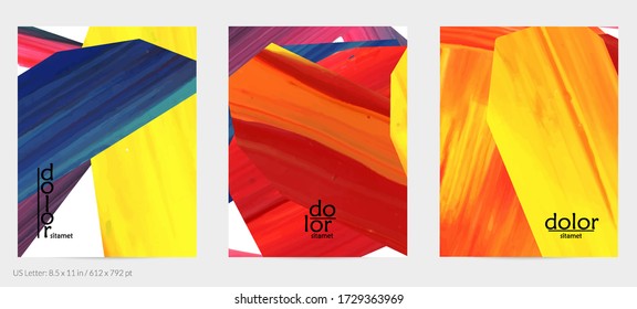 Abstract vector background with colorful bright acrylic textured shapes. Artistic flyer design template. Hand drawn collage art digital paint. Universal layout with brush stroke splashes.