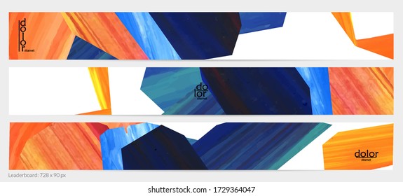 Abstract vector background with colorful bright acrylic textured shapes. Artistic leaderboard design template. Hand drawn collage art digital paint banner. Universal layout with brush stroke splash.