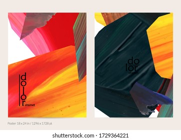 Abstract vector background with colorful bright acrylic textured shapes. Artistic poster design template. Hand drawn collage art digital paint banner. Universal layout with brush stroke splash.