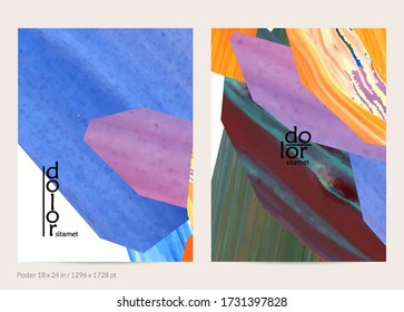 Abstract vector background with colorful bright acrylic textured shapes. Artistic poster design template. Hand drawn collage art digital paint banner. Universal layout with brush stroke splash.