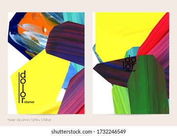 Abstract vector background with colorful bright acrylic textured shapes. Artistic poster design template. Hand drawn collage art digital paint banner. Universal layout with brush stroke splash.