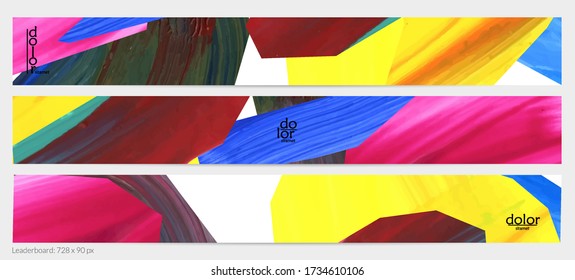 Abstract vector background with colorful bright acrylic textured shapes. Artistic leaderboard design template. Hand drawn collage art digital paint banner. Universal layout with brush stroke splash.