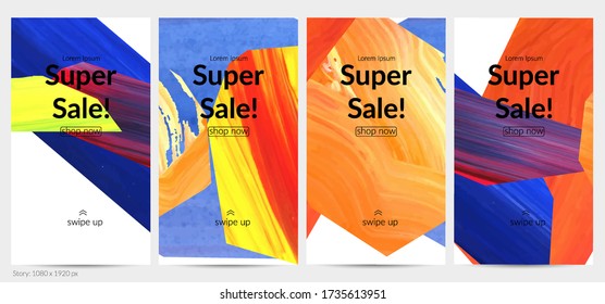 Abstract vector background with colorful bright acrylic textured shapes. Artistic social media post design template. Hand drawn collage art digital paint banner. Universal layout with brush stroke.