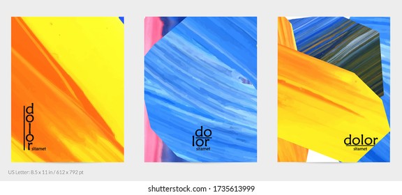 Resumen de fondo vectorial con coloridas formas acrílicas brillantes texturadas. Plantilla de diseño de volante artístico. Pintura digital de arte de collage dibujada a mano. Diseño universal con salpicaduras de pincel.