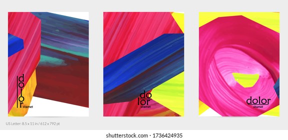 Abstract vector background with colorful bright acrylic textured shapes. Artistic flyer design template. Hand drawn collage art digital paint. Universal layout with brush stroke splashes.