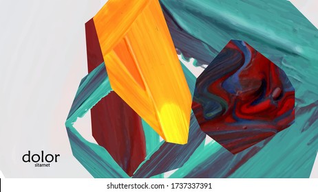Abstract vector background with colorful bright acrylic textured shapes. Artistic cover design template. Hand drawn collage art digital paint wallpaper. Universal layout with brush stroke elements.