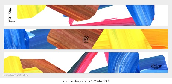 Abstract vector background with colorful bright acrylic textured shapes. Artistic leaderboard design template. Hand drawn collage art digital paint banner. Universal layout with brush stroke splash.