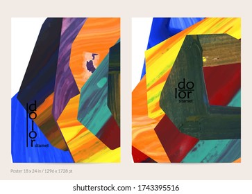 Abstrakter Vektorhintergrund mit farbenfrohen, leuchtenden Acrylformen. Künstlerisches Plakatdesign. Handgezeichnete Collage Art digitalen Lackbanner. Universelles Layout mit Pinselstrich.