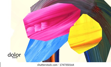 Abstrakter Vektorhintergrund mit farbenfrohen, leuchtenden Acrylformen. Designvorlage für die künstlerische Abdeckung Handgezeichnete Collage Art digitale Tapete. Universelles Layout mit Pinselstrichelementen.