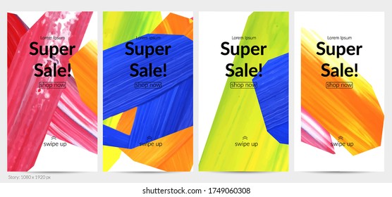 Abstract vector background with colorful bright acrylic textured shapes. Artistic social media post design template. Hand drawn collage art digital paint banner. Universal layout with brush stroke.