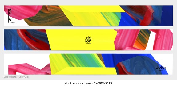 Abstract vector background with colorful bright acrylic textured shapes. Artistic leaderboard design template. Hand drawn collage art digital paint banner. Universal layout with brush stroke splash.