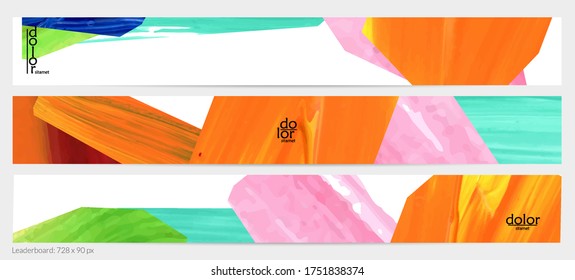 Abstract vector background with colorful bright acrylic textured shapes. Artistic leaderboard design template. Hand drawn collage art digital paint banner. Universal layout with brush stroke splash.