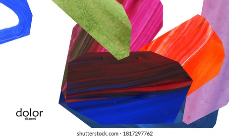 Abstract vector background with colorful bright acrylic textured shapes. Artistic cover geometric design template. Hand drawn collage art digital paint wallpaper. Universal layout with brush stroke elements.