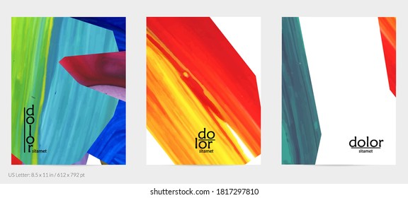 Abstract vector background with colorful bright acrylic textured geometric shapes. Artistic flyer design template. Hand drawn collage art digital paint. Universal layout with brush stroke splashes.