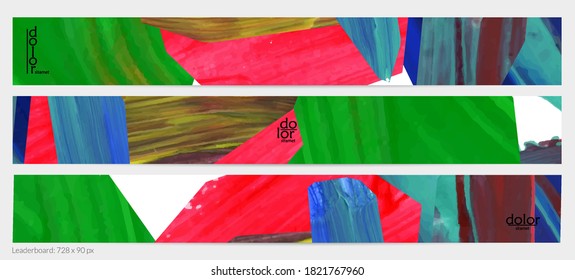 Abstract vector background with colorful bright acrylic textured shapes. Artistic leaderboard design template. Hand drawn collage art digital paint banner. Universal layout with brush stroke splash.
