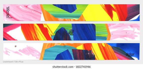 Abstract vector background with colorful bright acrylic textured shapes. Artistic leaderboard design template. Hand drawn collage art digital paint banner. Universal layout with brush stroke splash.