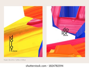 Abstract vector background with colorful bright acrylic textured shapes. Artistic poster design template. Hand drawn collage art digital paint banner. Universal layout with brush stroke splash.