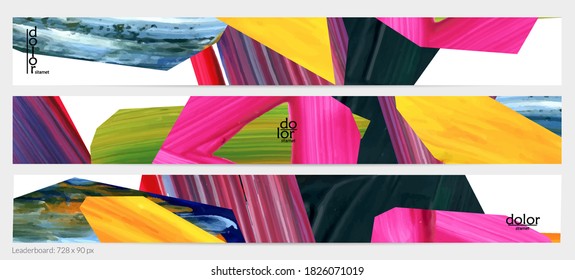 Abstract vector background with colorful bright acrylic textured shapes. Artistic leaderboard design template. Hand drawn collage art digital paint banner. Universal layout with brush stroke splash.
