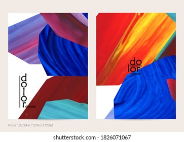 Abstract vector background with colorful bright acrylic textured shapes. Artistic poster design template. Hand drawn collage art digital paint banner. Universal layout with brush stroke splash.