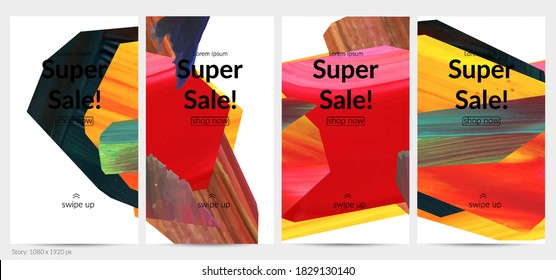 Abstract vector background with colorful bright acrylic textured shapes. Artistic social media post design template. Hand drawn collage art digital paint banner. Universal layout with brush stroke.