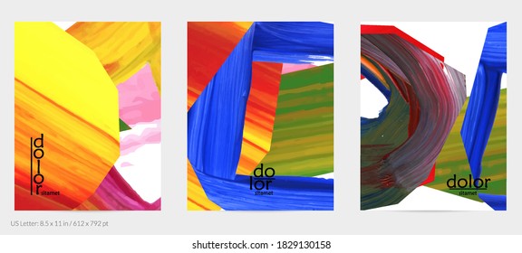 Abstract vector background with colorful bright acrylic textured shapes. Artistic flyer design template. Hand drawn collage art digital paint. Universal layout with brush stroke splashes.