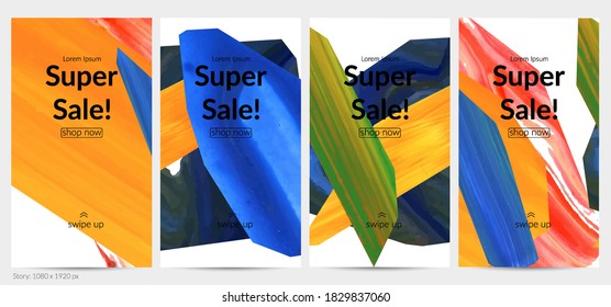 Abstract vector background with colorful bright acrylic textured shapes. Artistic social media post design template. Hand drawn collage art digital paint banner. Universal layout with brush stroke.