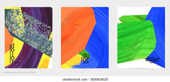 Abstract vector background with colorful bright acrylic textured shapes. Artistic flyer design template. Hand drawn collage art digital paint. Universal layout with brush stroke splashes.