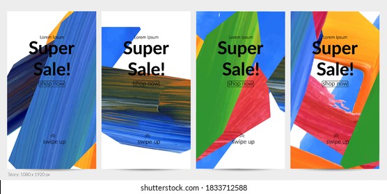 Abstract vector background with colorful bright acrylic textured shapes. Artistic social media post design template. Hand drawn collage art digital paint banner. Universal layout with brush stroke.