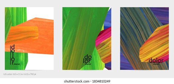 Abstract vector background with colorful bright acrylic textured shapes. Artistic flyer design template. Hand drawn collage art digital paint. Universal layout with brush stroke splashes.