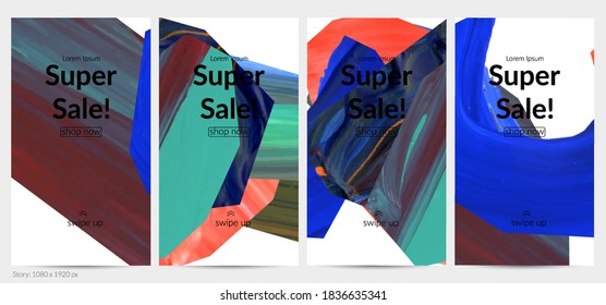 Abstract vector background with colorful bright acrylic textured shapes. Artistic social media post design template. Hand drawn collage art digital paint banner. Universal layout with brush stroke.
