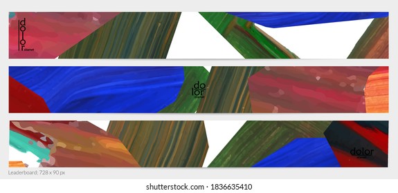 Abstract vector background with colorful bright acrylic textured shapes. Artistic leaderboard design template. Hand drawn collage art digital paint banner. Universal layout with brush stroke splash.