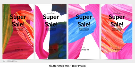 Abstract vector background with colorful bright acrylic textured shapes. Artistic social media post design template. Hand drawn collage art digital paint banner. Universal layout with brush stroke.