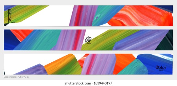 Abstract vector background with colorful bright acrylic textured shapes. Artistic leaderboard design template. Hand drawn collage art digital paint banner. Universal layout with brush stroke splash.