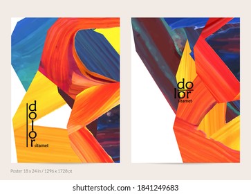 Abstract vector background with colorful bright acrylic textured shapes. Artistic poster design template. Hand drawn collage art digital paint banner. Universal layout with brush stroke splash.