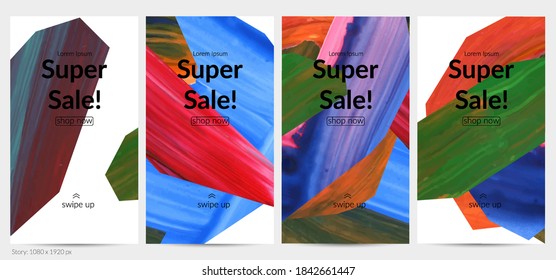 Abstract vector background with colorful bright acrylic textured shapes. Artistic social media post design template. Hand drawn collage art digital paint banner. Universal layout with brush stroke.