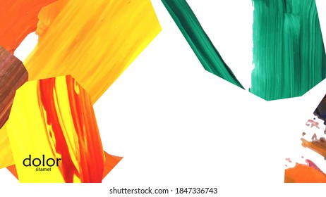 Abstract vector background with colorful bright acrylic textured shapes. Artistic cover design template. Hand drawn collage art digital paint wallpaper. Universal layout with brush stroke elements.