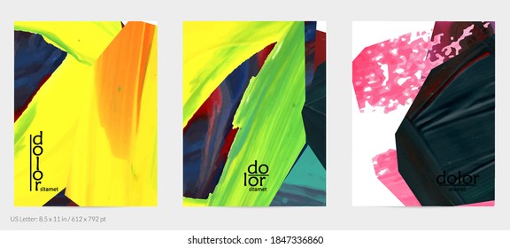 Abstract vector background with colorful bright acrylic textured shapes. Artistic flyer design template. Hand drawn collage art digital paint. Universal layout with brush stroke splashes.