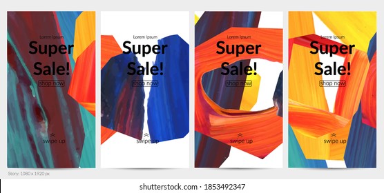 Abstract vector background with colorful bright acrylic textured shapes. Artistic social media post design template. Hand drawn collage art digital paint banner. Universal layout with brush stroke.